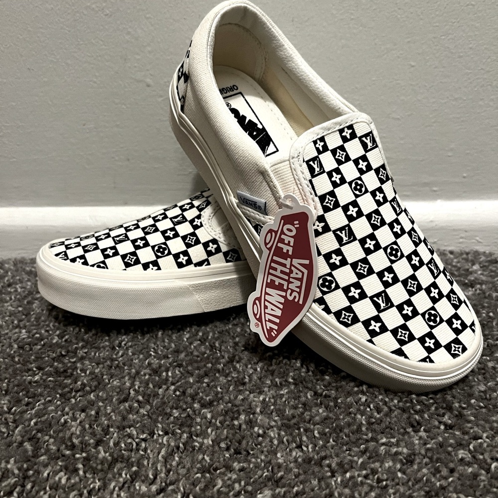 VANS x LOUIS VUITTON White Black Checkered Slip-On  Sneaker Mens 5.5 Wmns 7
